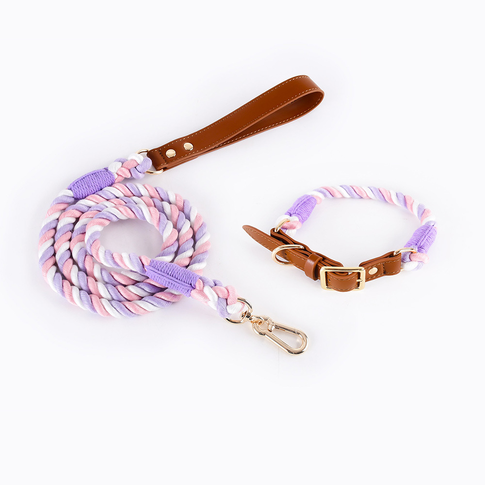 V888-ELOSUNG31213-202505281111-00 Premium Leather Pet Collar and Leash - Soft, Strong Braided Rope (Pink Purple - Size M) - Image 1