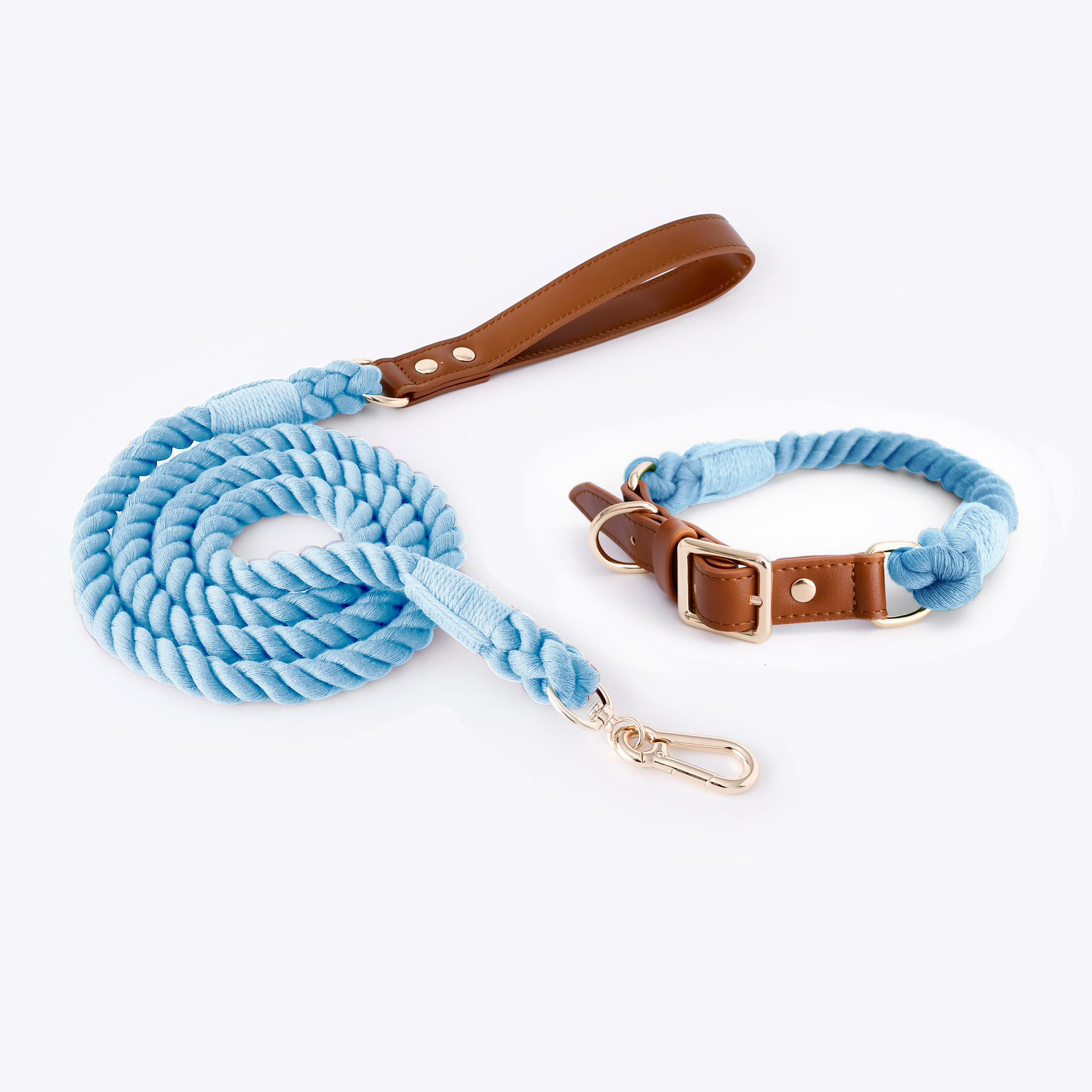 V888-ELOSUNG31254-202505301152-00 Premium Leather Pet Collar and Leash - Soft, Strong Braided Rope (Sky blue - Size S) - Image 1