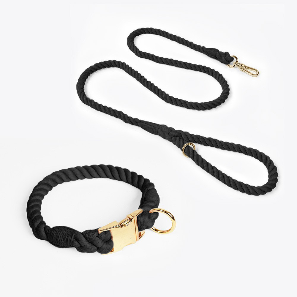 V888-ELOSUNG31262-202505301205-00 Handmade Rope Dog Collar and Leash Set - Colorful Woven Cotton Cotton (Black - Size S) - Image 1