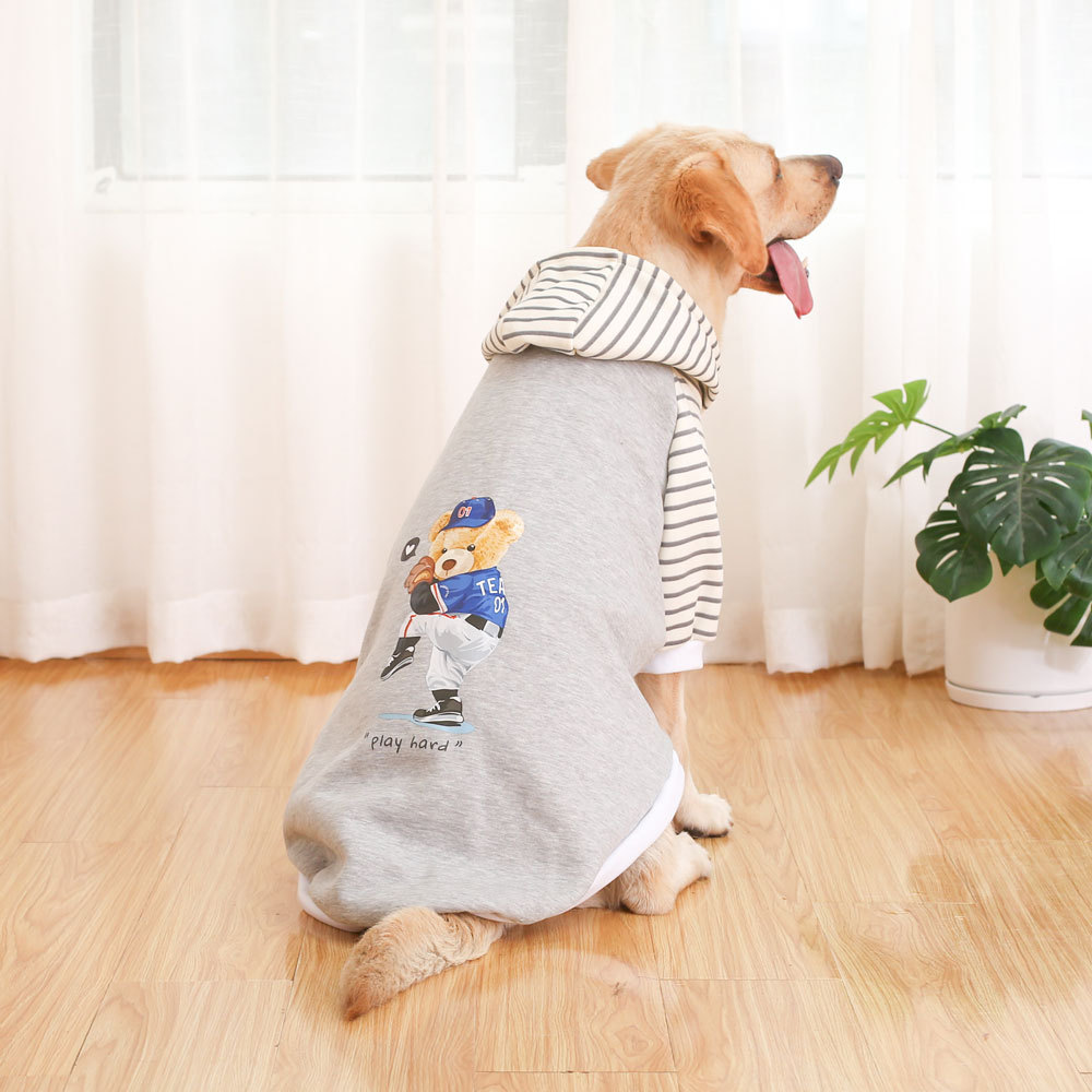 V888-ELOSUNG31265-202505301206-00 Autumn/Winter Dog Clothes - Grey Hoodie with Striped Hood & Baseball Bear (Size - 5XL) - Image 1