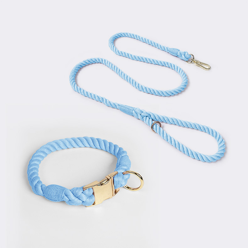 V888-ELOSUNG31288-202505301210-00 Handmade Rope Dog Collar and Leash Set - Colorful Woven Cotton Cotton (Sky blue - Size M) - Image 1