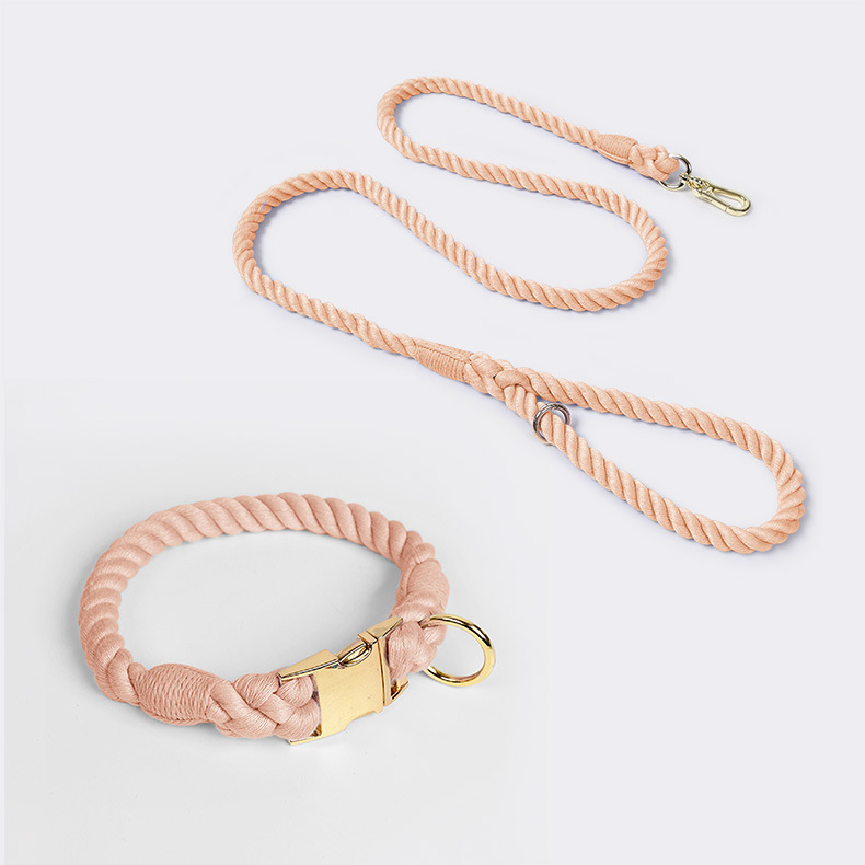 V888-ELOSUNG31289-202505301210-00 Handmade Rope Dog Collar and Leash Set - Colorful Woven Cotton Cotton (Leather pink - Size M) - Image 1