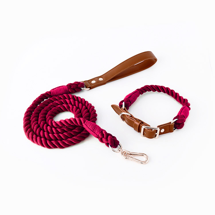 V888-ELOSUNG31297-202505301211-00 Premium Leather Pet Collar and Leash - Soft, Strong Braided Rope (Wine red - Size M) - Image 1