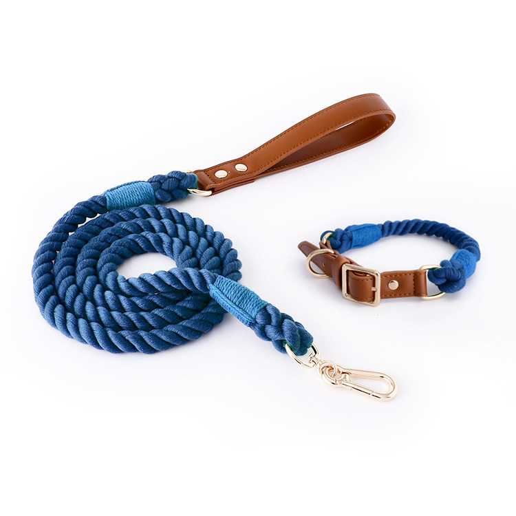V888-ELOSUNG31300-202505301212-00 Premium Leather Pet Collar and Leash - Soft, Strong Braided Rope (Navy blue - Size M) - Image 1