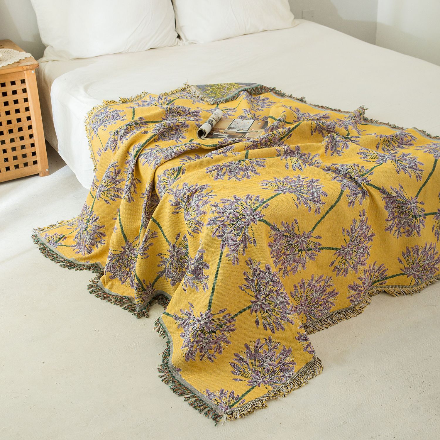 V888-ELOSUNG32001-202505261608-00 Yellow & Purple Floral Woven Throw Blanket - Chic Botanical Print with Tassels, Cotton Blend Sofa & Bed Cover - Image 1