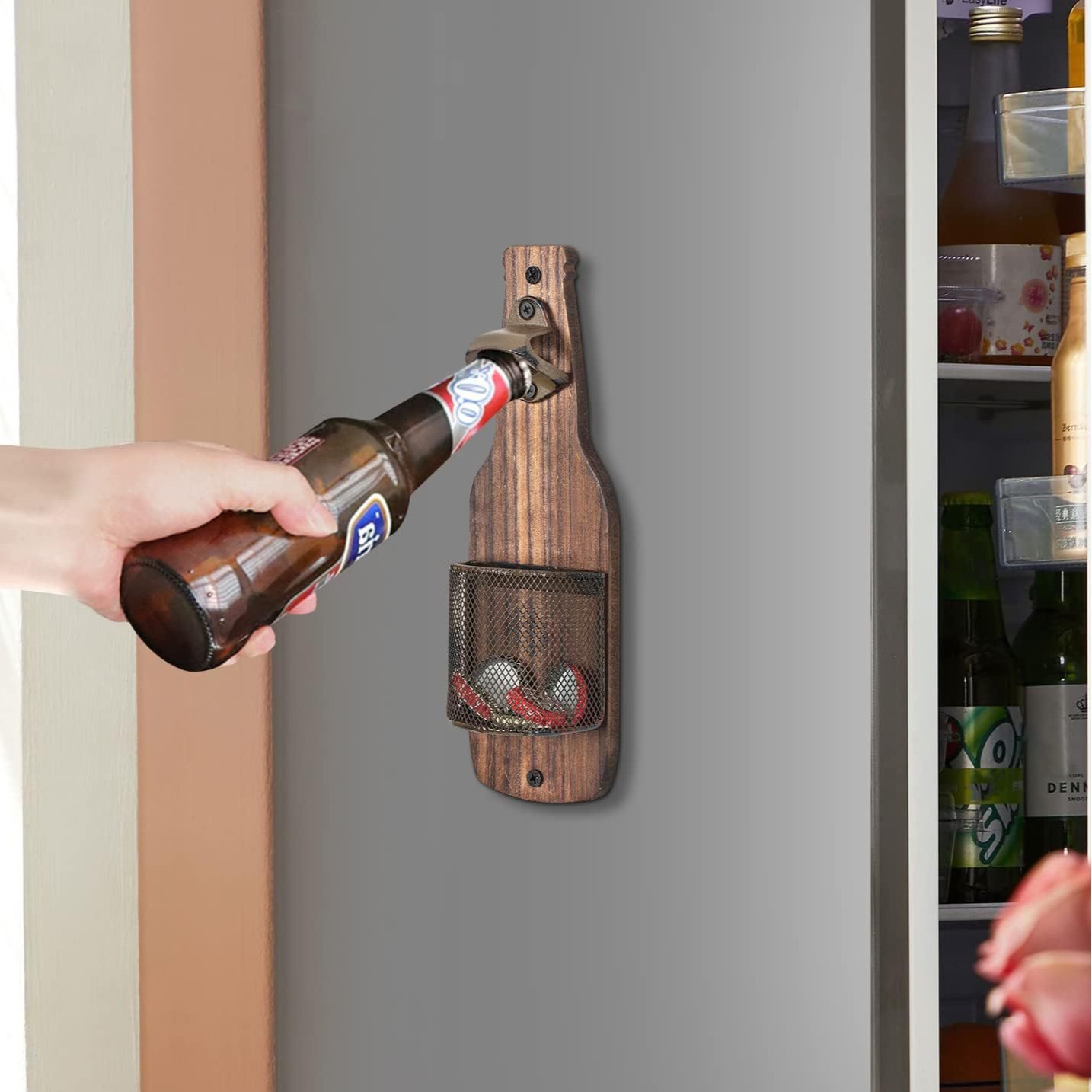 V888-ELOSUNG32074-202505261546-00 Brown Rustic Wooden Wall-Mounted Bottle Opener with Cap Catcher - Vintage Beer Opener for Bar & Kitchen - Image 1