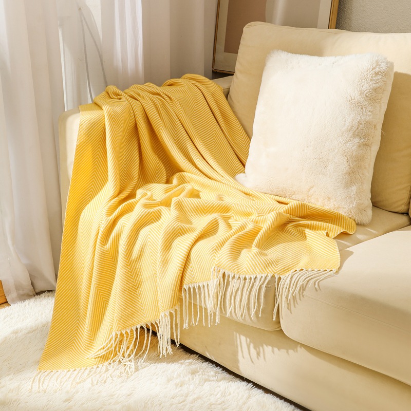 V888-ELOSUNG32117-202505281108-00 Yellow Elegant Herringbone Tassel Throw Blanket - Large Acrylic Faux Cashmere Soft Cozy Blanket for Sofa, Bed & Decor (130x240cm) - Image 1