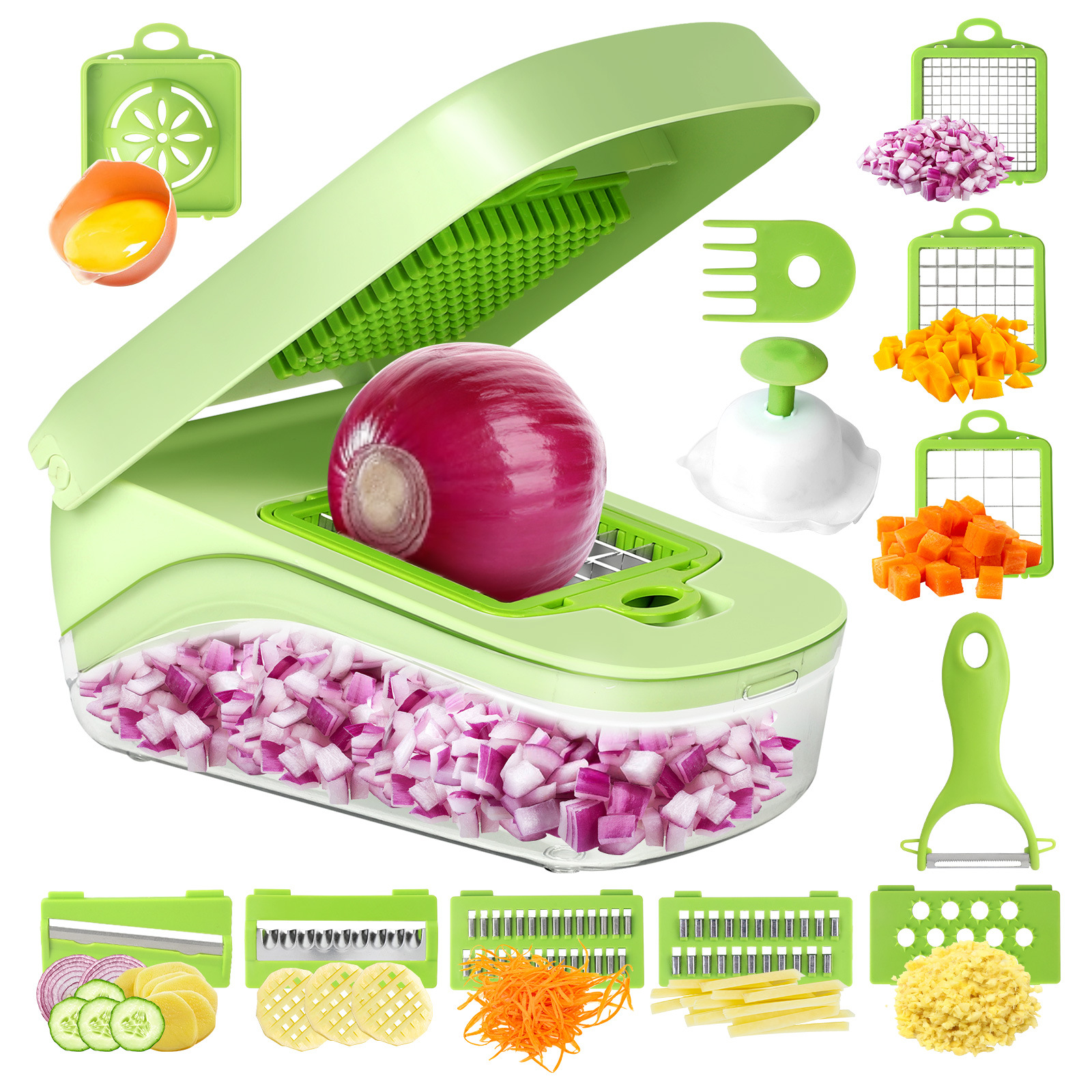 V888-ELOSUNG32142-202505301128-00 Green Versatile 14-in-1 Vegetable Chopper & Slicer Set - Multi-functional Kitchen Mandoline Dicer & Grater - Image 1
