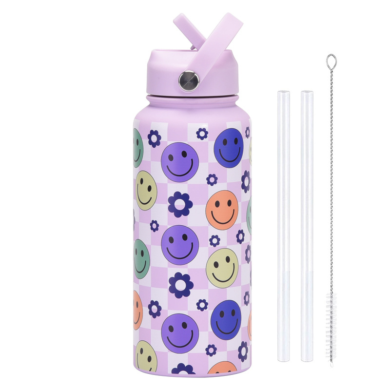 V888-ELOSUNG32188-202506051741-00 Style 27A Purple Smiley Face Pattern Vibrant Fun Print 1L Stainless Steel Insulated Water Bottle - 32oz Large Capacity with Straw Lid & Carry Handle - BPA-Free - Image 1