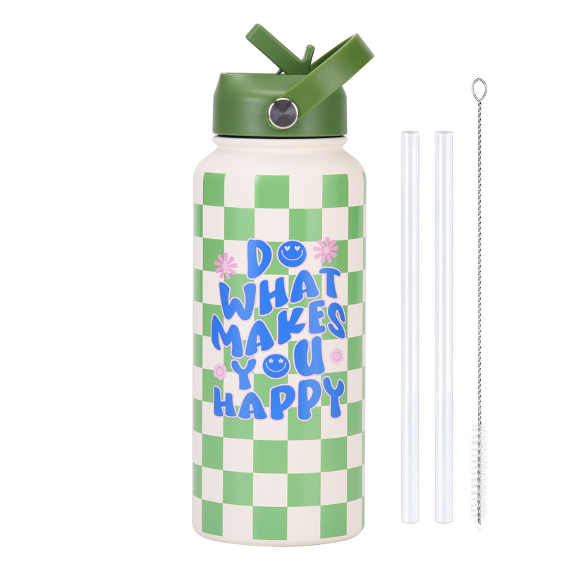 V888-ELOSUNG32189-202506051741-00 Style 23J Green and White Plaid Vibrant Fun Print 1L Stainless Steel Insulated Water Bottle - 32oz Large Capacity with Straw Lid & Carry Handle - BPA-Free - Image 1