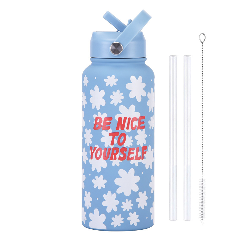 V888-ELOSUNG32191-202506051740-00 Style 19A Blue and White Plaid Vibrant Fun Print 1L Stainless Steel Insulated Water Bottle - 32oz Large Capacity with Straw Lid & Carry Handle - BPA-Free - Image 1