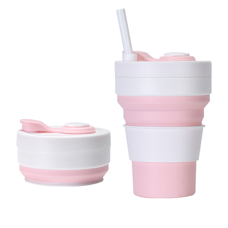 V888-ELOSUNG32219-202506051910-00 2 Pcs White and Pink 350ml Collapsible Silicone Travel Cup - Portable, Leak-Proof & Food-Grade Drinking Mug with Lid, Insulating Sleeve & Straw - Image 1