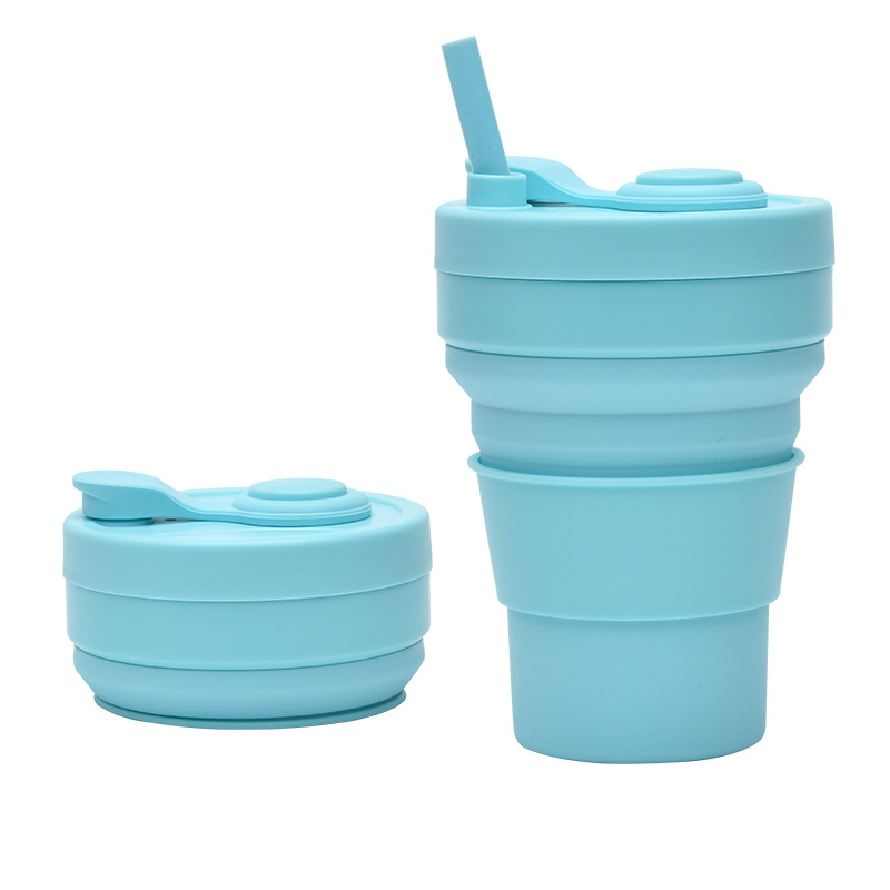 V888-ELOSUNG32221-202506051910-00 2 Pcs Light Blue 350ml Collapsible Silicone Travel Cup - Portable, Leak-Proof & Food-Grade Drinking Mug with Lid, Insulating Sleeve & Straw - Image 1