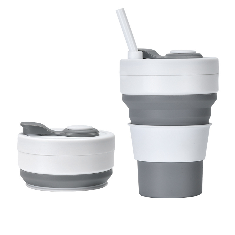 V888-ELOSUNG32223-202506051911-00 2 Pcs White and Grey 350ml Collapsible Silicone Travel Cup - Portable, Leak-Proof & Food-Grade Drinking Mug with Lid, Insulating Sleeve & Straw - Image 1