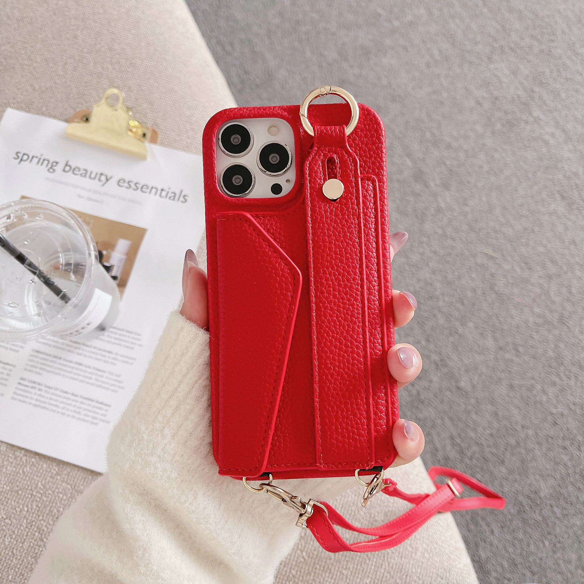 V888-ELOSUNG32232-202506051913-00 Red Chic PU Leather Crossbody Wallet Case for iPhone 16 Pro Max - Card Holder with Detachable Strap & Finger Ring Grip - Image 1