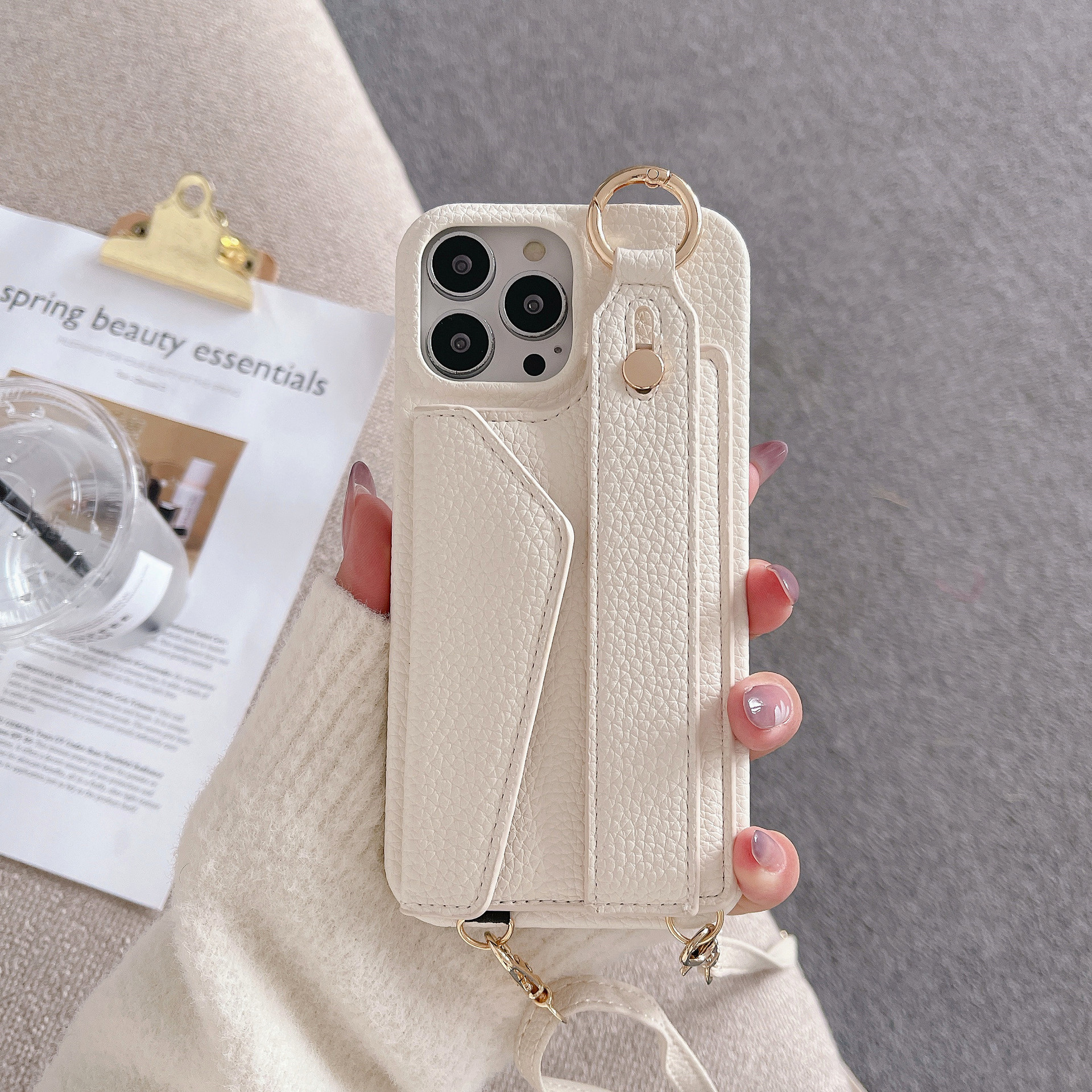 V888-ELOSUNG32255-202506061832-00 Beige Chic PU Leather Crossbody Wallet Case for iPhone 16 Pro - Card Holder with Detachable Strap & Finger Ring Grip - Image 1
