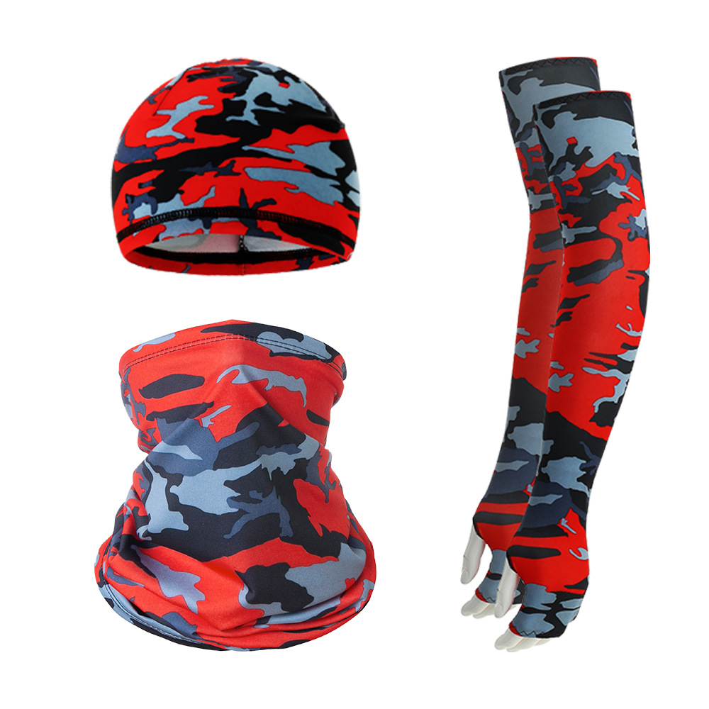 V888-ELOSUNG32273-202506091242-00 2 Sets Red And Grey Camouflage Cooling UV Protection Set - 2 Skull Cap, 2 Neck Gaiter & 4 Arm Sleeves for Outdoor Sports - Image 1