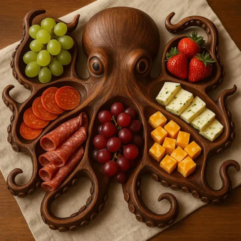 Style B Brown Artisan Crafted Solid Wood Octopus Charcuterie Board - Unique Appetizer & Cheese Serving Platter