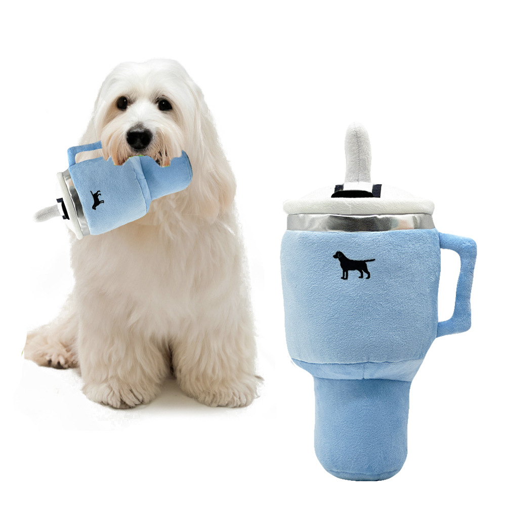 V888-ELOSUNG32399-202506190626-00 Blue Plush Travel Mug Squeaky Dog Toy - Soft Polyester Chew Toy for Boredom Relief & Interactive Fun - 31cm - Image 1