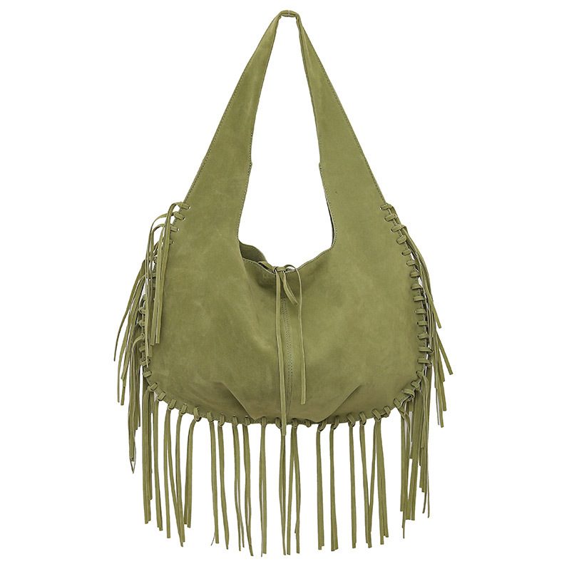 V888-ELOSUNG32455-202506191135-00 Green Boho Chic Fringed Hobo Bag - Large Capacity Soft Faux Suede Shoulder Tote with Tassel Detail - Image 1