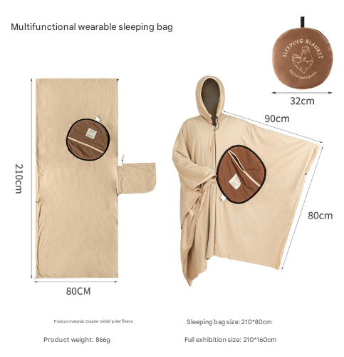 V888-ELOSUNG32562-202506241135-00 Khaki Cozy 4-in-1 Wearable Fleece Poncho Sleeping Bag - Multifunctional Camping Blanket with Detachable Hood - Image 1