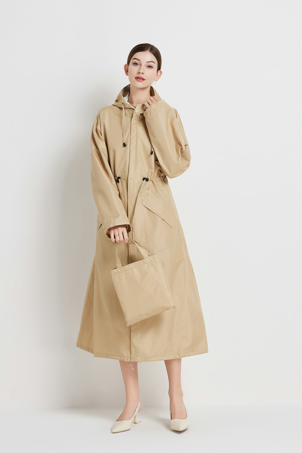 V888-ELOSUNG32621-202506241037-00 Size M Khaki Women's Chic Lightweight Waterproof Raincoat - Long Hooded Packable Rain Jacket with Pouch - Image 1