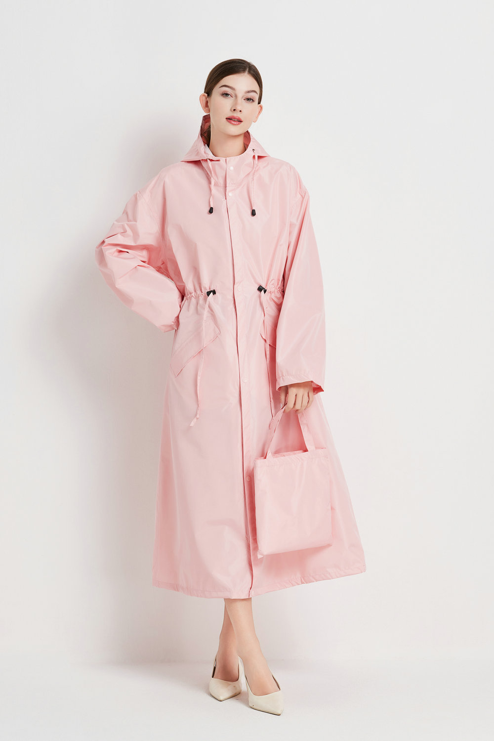 V888-ELOSUNG32624-202506241045-00 Size M Pink Women's Chic Lightweight Waterproof Raincoat - Long Hooded Packable Rain Jacket with Pouch - Image 1