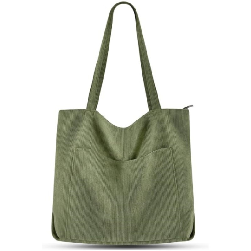 V888-ELOSUNG32664-202506250943-00 Green Stylish Corduroy Canvas Tote Bag - Fashionable and Retro Shoulder Bag - Image 1