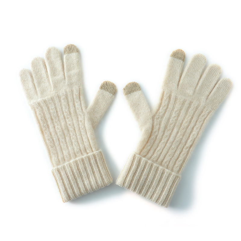 V888-ELOSUNG32679-202506301130-00 Beige Unisex Touchscreen Ribbed Warm Cycling Windproof Knitted Five-finger Gloves - Image 1