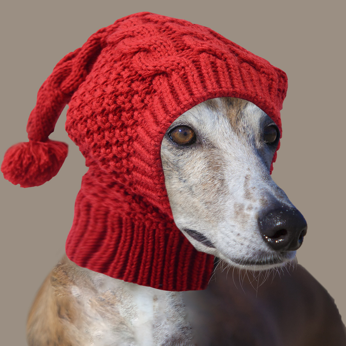 V888-ELOSUNG32783-202507020953-00 Size L Red Whimsical Knit Dog Hat with Pom-Pom - Cozy Winter Pet Beanie & Snood - Image 1