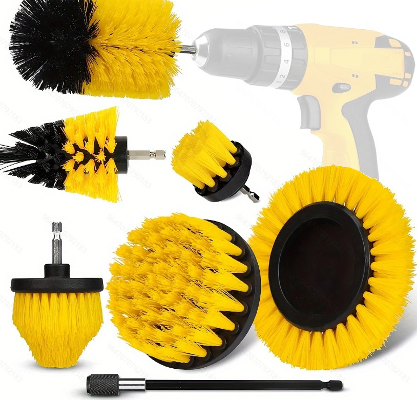 V888-ELOSUNG32806-202507021036-00 Yellow and Black Complete 7-Piece Drill Brush Power Scrubber Set - All-Purpose Cleaning Kit for Bathroom, Tile, Car Detailing & More - Image 1