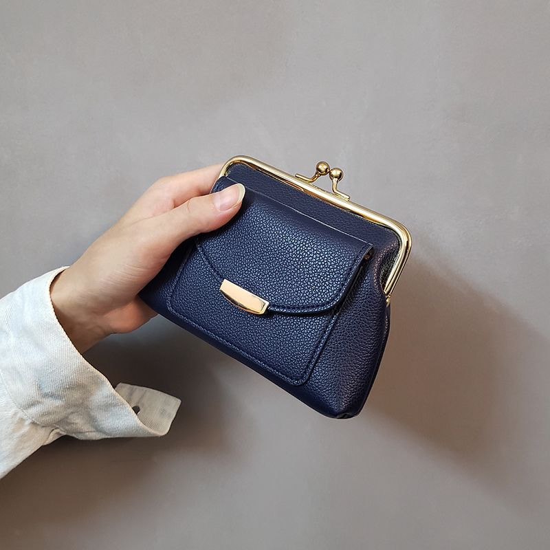 V888-ELOSUNG32819-202507041021-00 Dark Blue Vintage Style Women's Kiss Lock Coin Purse - Compact PU Leather Wallet with Card Holder - Image 1