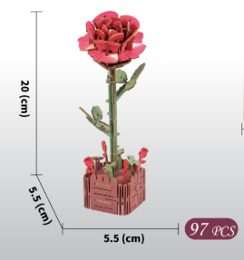 V888-ELOSUNG33045-202505261527-00 Red Rose DIY 3D Wooden Flower Puzzle Toy - Educational Kids' Assembly Set - Image 1