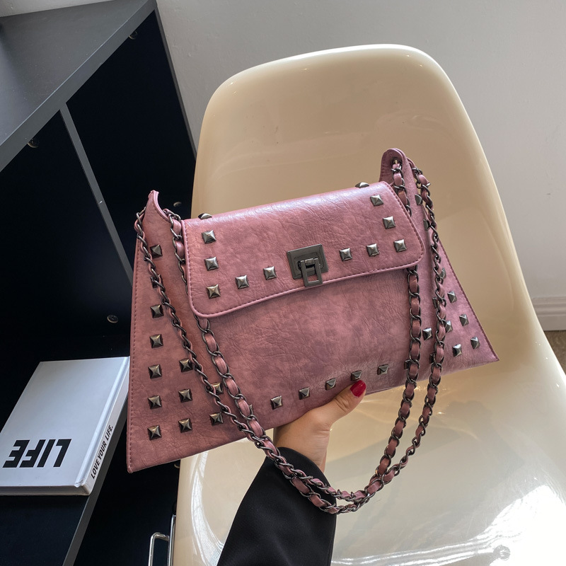 V888-ELOSUNG33090-202505281107-00 Pink Women's Retro Studded Envelope Shoulder Bag - Chain Strap Crossbody Tote in Four Colors - Image 1