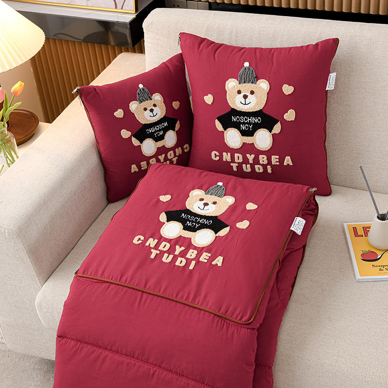 V888-ELOSUNG33182-202506061515-00 Wine Red Cap Bear 2-in-1 Foldable Car Pillow Blanket - Cozy 40x40cm Pillow, Unfolds to 100x150cm Blanket for Travel and Office Naps - Image 1