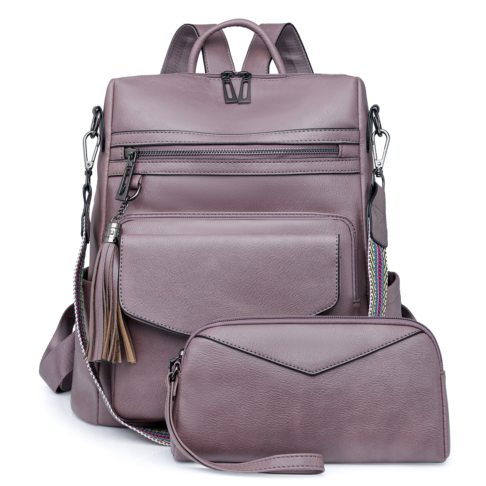 V888-ELOSUNG33184-202506061516-00 Light Purple Women's Retro PU Leather Backpack - Dual-Color Tassel Design, Winter High-End Style - Image 1