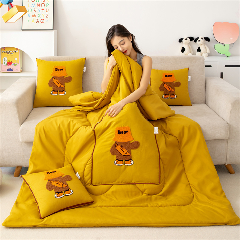 V888-ELOSUNG33214-202506091616-00 Yellow Fashion Bear 2-in-1 Foldable Car Pillow Blanket - Cozy 40x40cm Pillow, Unfolds to 100x150cm Blanket for Travel and Office Naps - Image 1
