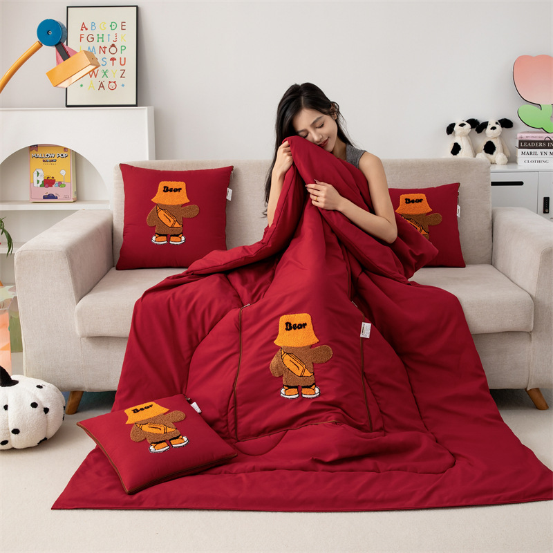V888-ELOSUNG33216-202506091617-00 Wine Red Fashion Bear 2-in-1 Foldable Car Pillow Blanket - Cozy 40x40cm Pillow, Unfolds to 100x150cm Blanket for Travel and Office Naps - Image 1