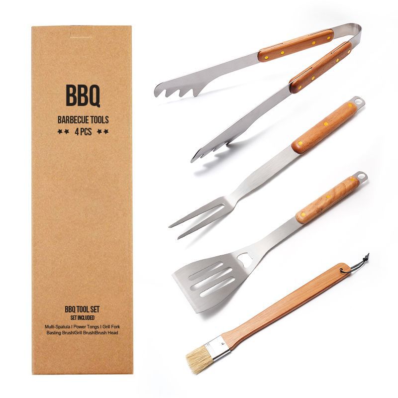 V888-ELOSUNG33236-202506101106-00 Premium 4-Piece BBQ Tool Set with Rubberwood Handles - Kraft Box - Image 1