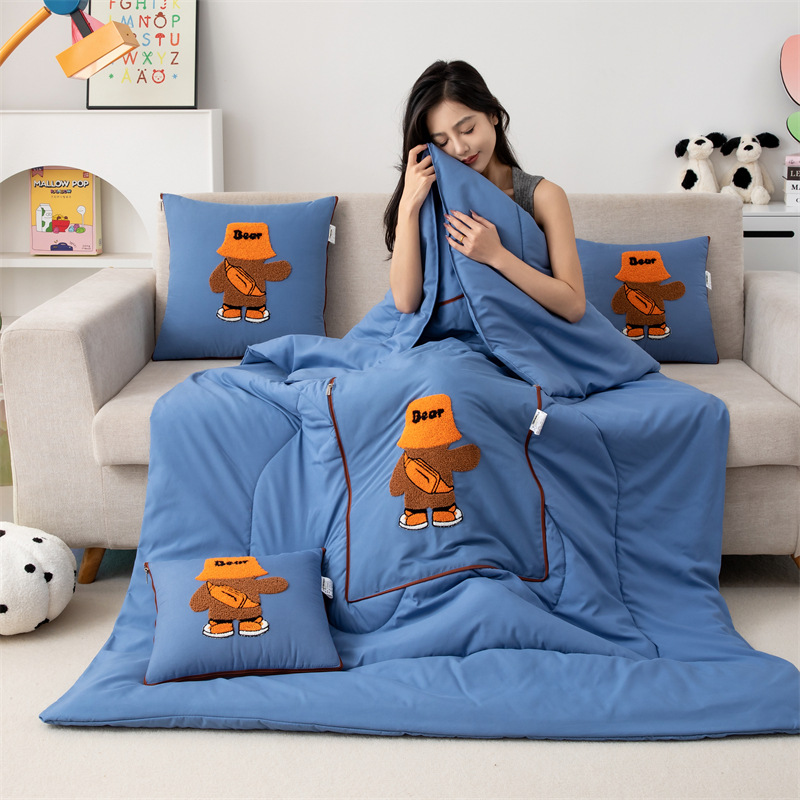 V888-ELOSUNG33268-202506111505-00 Lake Blue Fashion Bear 2-in-1 Foldable Car Pillow Blanket - Cozy 40x40cm Pillow, Unfolds to 100x150cm Blanket for Travel and Office Naps - Image 1