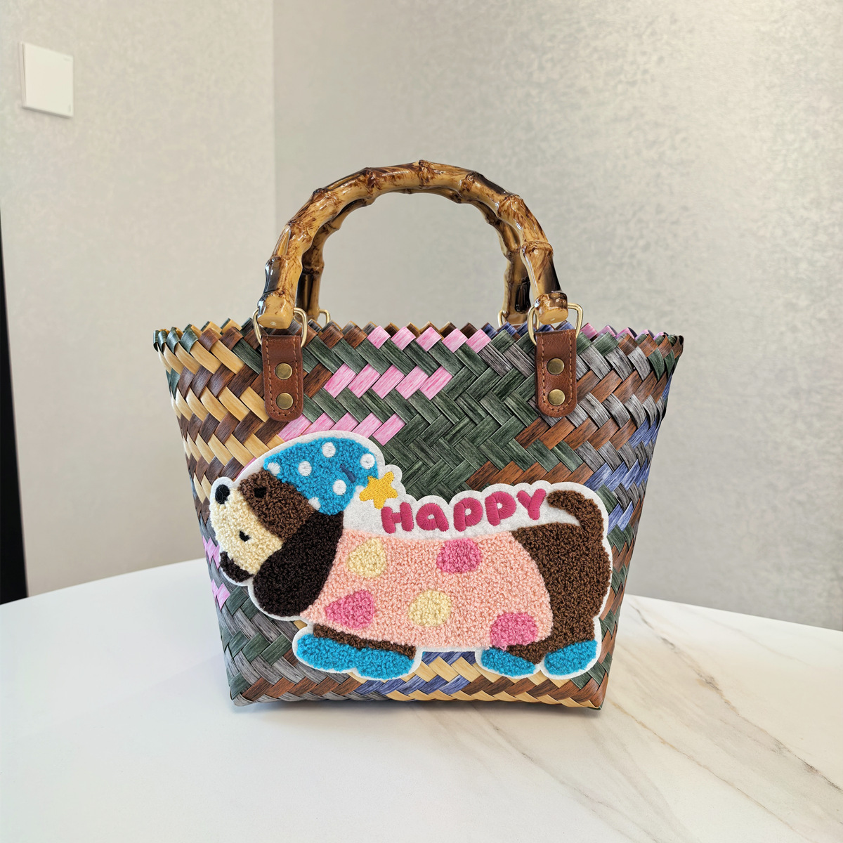 V888-ELOSUNG33280-202506190715-00 Happy Dog Vintage Striped Dachshund Woven Tote Bag - Stylish Hand-Carry Beach Bag for Women - Image 1