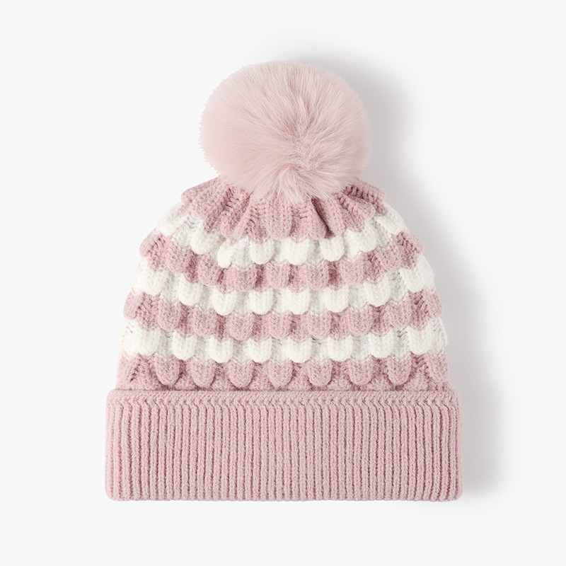 V888-ELOSUNG33301-202506190621-00 2-PCS Pink Stylish Two-Tone Pom-Pom Ear Warmer Knit Hat - Lined for Women - Image 1