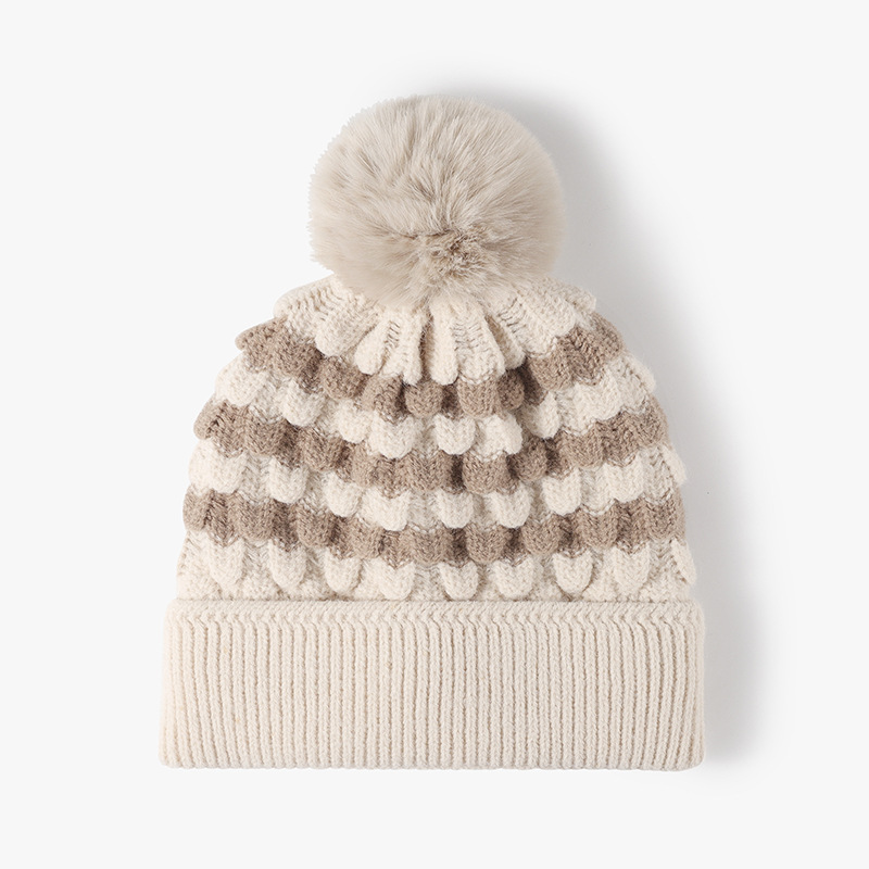 V888-ELOSUNG33305-202506190622-00 2-PCS Beige Stylish Two-Tone Pom-Pom Ear Warmer Knit Hat - Lined for Women - Image 1