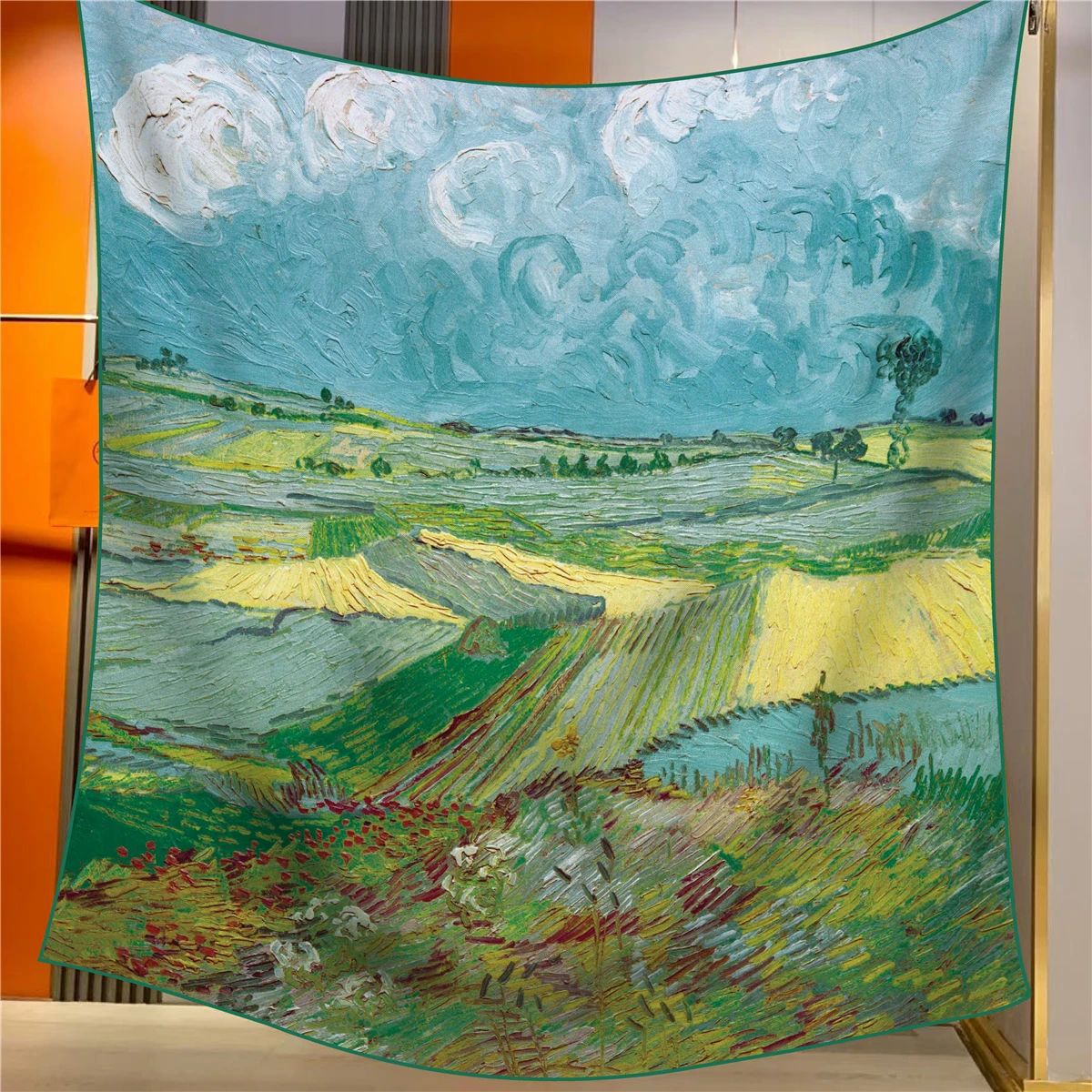 V888-ELOSUNG33393-202506191240-00 Wheat Fields Under Dark Clouds Elegant Artistry Shawl - Large 130cm Square Scarf with Oil Painting Print & Hand-Rolled Hem - Image 1