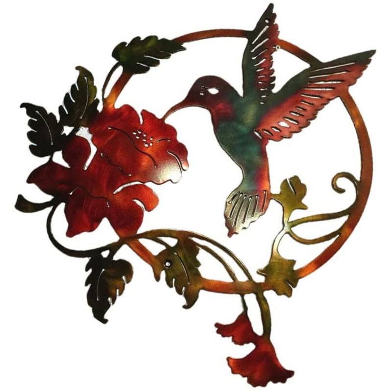 V888-ELOSUNG33395-202506191025-00 Red Set of 2 Round Metal Wall Art - Hummingbird & Flower Sculpture for Indoor & Outdoor Decor - Image 1