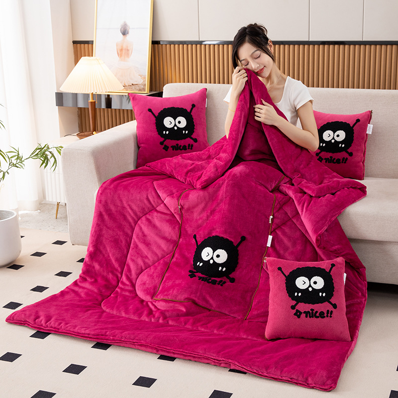 V888-ELOSUNG33404-202506191053-00 Rose Red Padded and Thickened Elf 2-in-1 Foldable Car Pillow Blanket - Cozy 40x40cm Pillow, Unfolds to 100x150cm Blanket for Travel and Office Naps - Image 1
