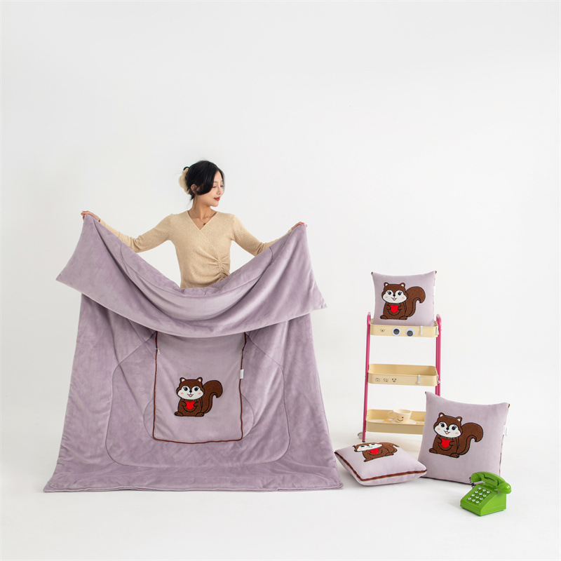 V888-ELOSUNG33449-202506241026-00 Light Pink Little Squirrel - 2-in-1 Foldable Car Pillow Blanket - Cozy 40x40cm Pillow, Unfolds to 100x150cm Blanket for Travel and Office Naps - Image 1