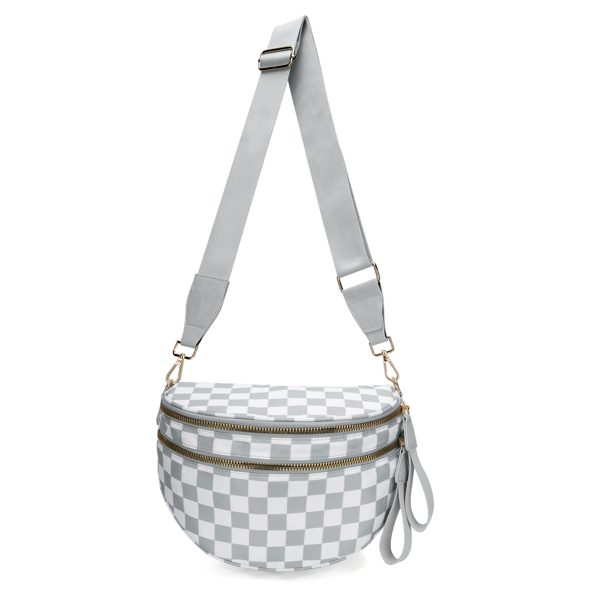 V888-ELOSUNG33456-202506241038-00 Light Grey Checkered Trendy Sling Bag - Women's Crescent Crossbody Purse with Wide Adjustable Strap - Image 1