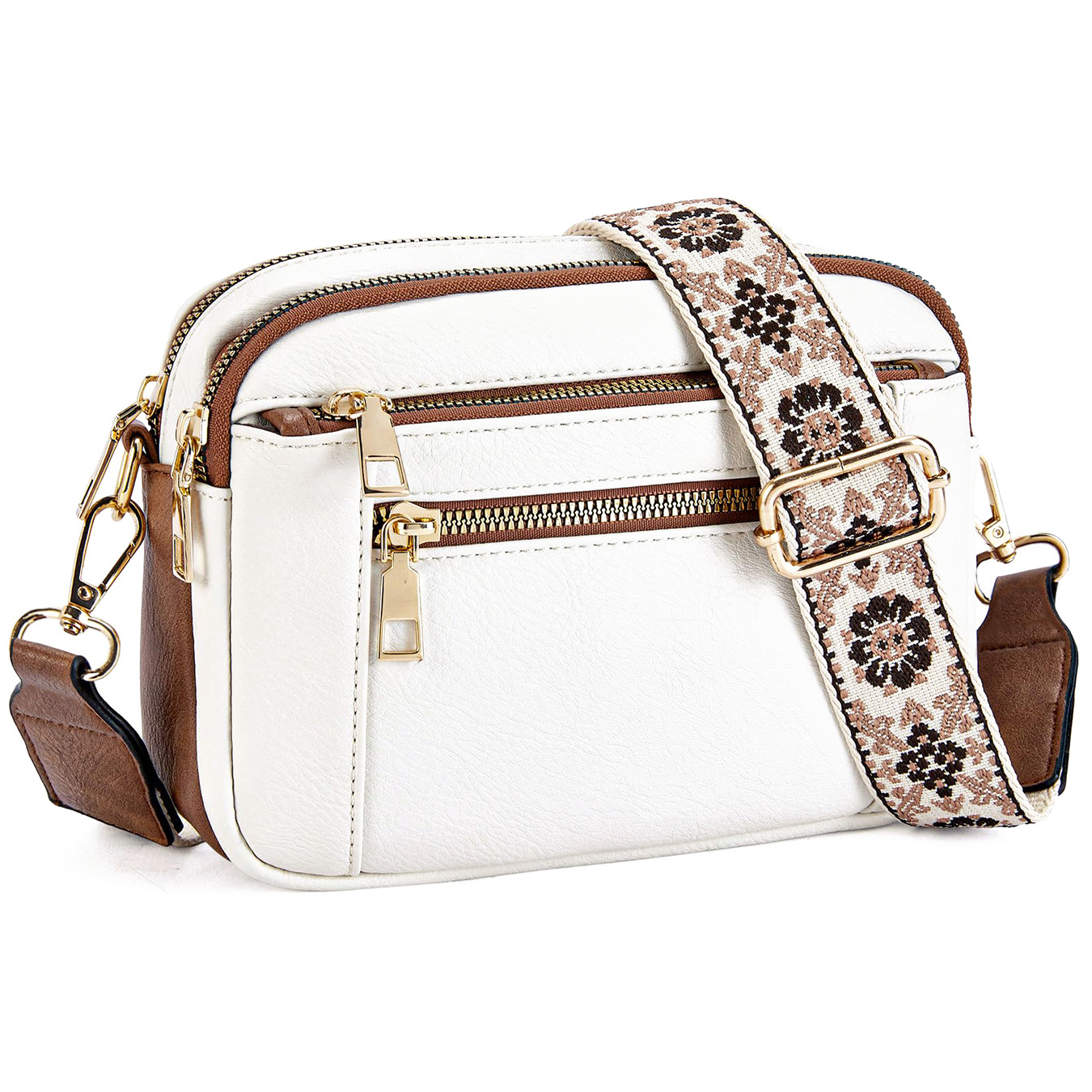 V888-ELOSUNG33466-202506241112-00 Double Zipper White Brown Chic Quilted Crossbody Bag - Vintage PU Leather Shoulder Purse with Adjustable Strap - Image 1