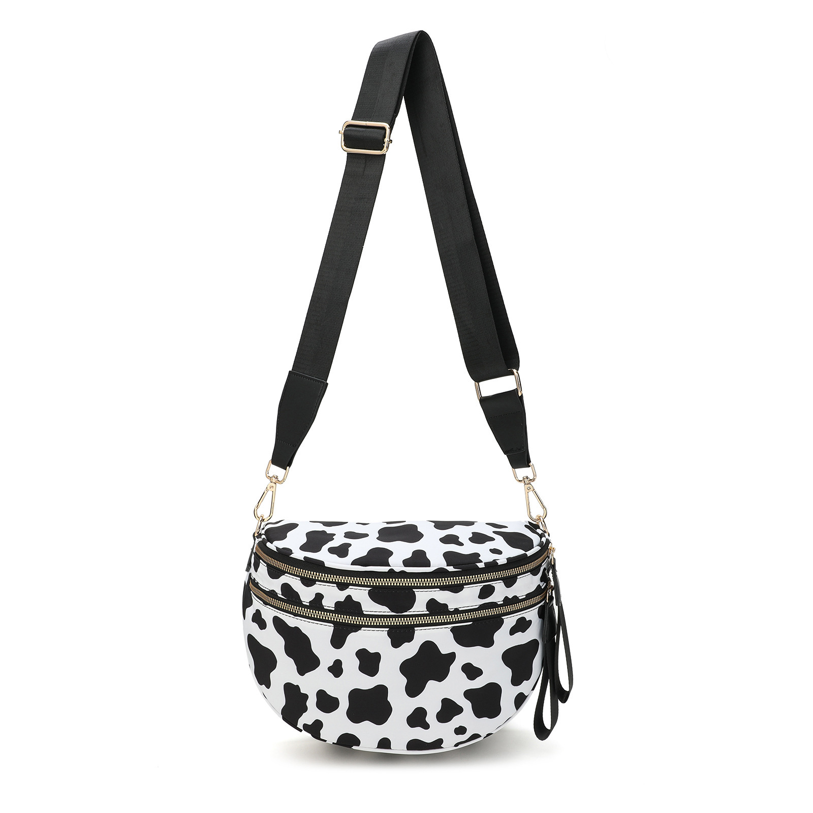 V888-ELOSUNG33477-202506241152-00 Black-white Cow Checkered Trendy Sling Bag - Women's Crescent Crossbody Purse with Wide Adjustable Strap - Image 1